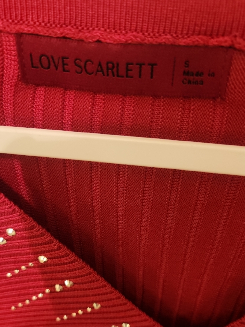 Scarlett Red V-Neck Ribbed Sweater with Rhinestone Trim - Picture 3 of 6